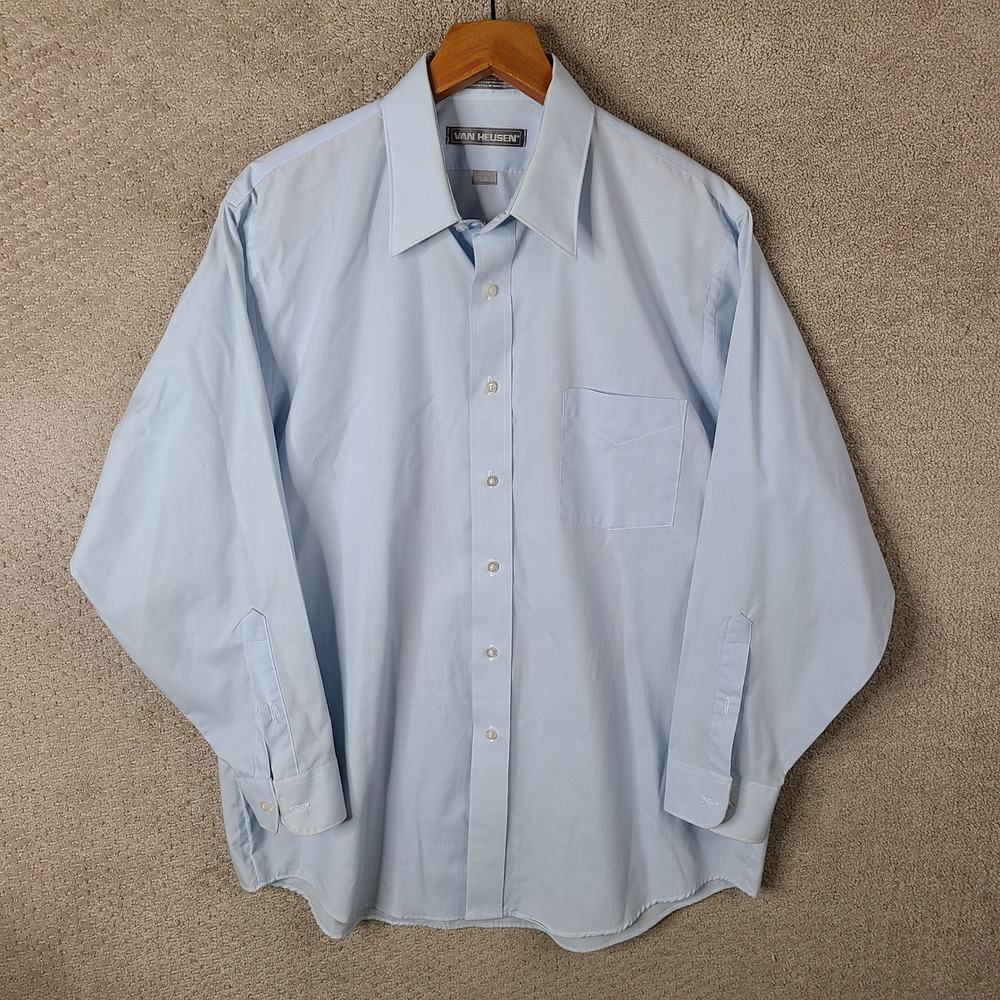Van Heusen Shirt Men 16.5 32/33 Blue Button Down Cotton Blend Long Sleeve Casual